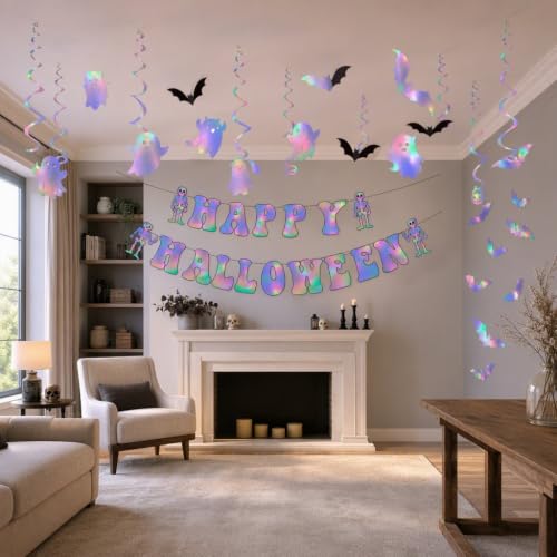 Halloween Holographic Hanging Decorations Set - Ghost Banner & 3D Bat Wall Stickers