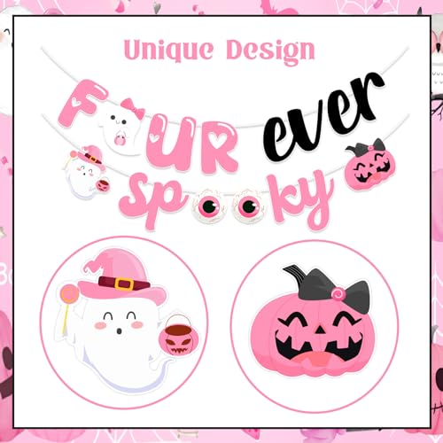 Halloween 4th Birthday Banner - Pink Black Spooky Party Decorations for Girls