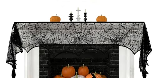 Halloween Spiderweb Lace Fireplace Mantel Decor 18x96 Inch Black Scarf