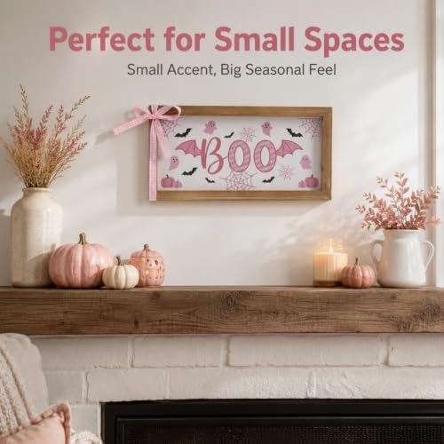 Pink Halloween Wooden Sign - Girly Boo Wall & Table Decor with Pumpkin & Ghost
