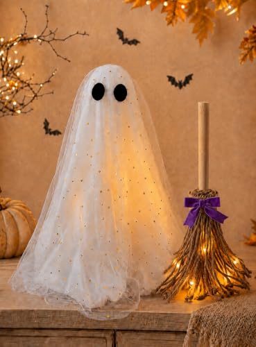 Lighted Ghost and Witch Broom Halloween Decoration Set - Adjustable Display