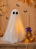 Lighted Ghost and Witch Broom Halloween Decoration Set - Adjustable Display
