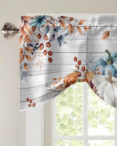 54x18 Inch Orange Blue Pumpkin Fall Kitchen Valance Set Window Treatments - Tie Up Wooden Rod Pocket Curtains for Home and Living Room - Thanksgiving Leaves