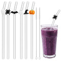 Halloween Reusable Glass Drinking Straws - Spider Ghost Pumpkin Bat Design, 6 Pack