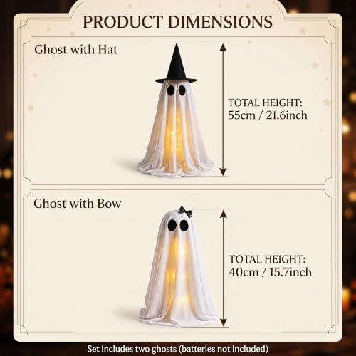 Light Up Halloween Ghost Decor Set - 2 Standing Ghosts with Witch Hat & Lights