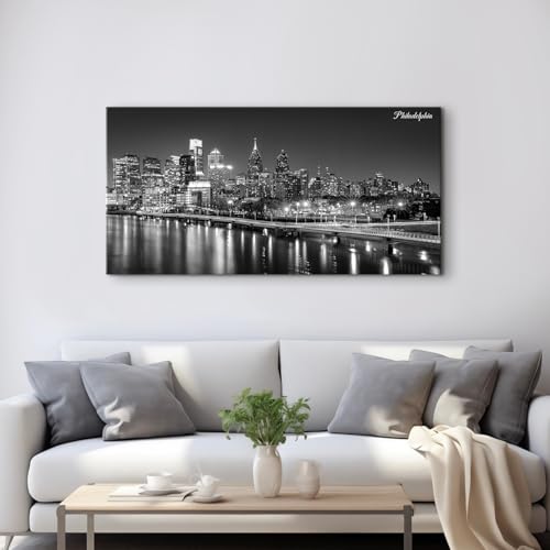 Philadelphia Skyline Wall Art Canvas - Black & White Cityscape, 48 x 24 Inches - Night View Cityscape Poster for Home & Office Decor