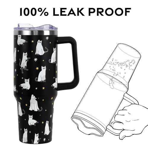 Halloween 2025 40oz Ghost Cat Tumbler with Lid & Straw - Spooky Leakproof Gift