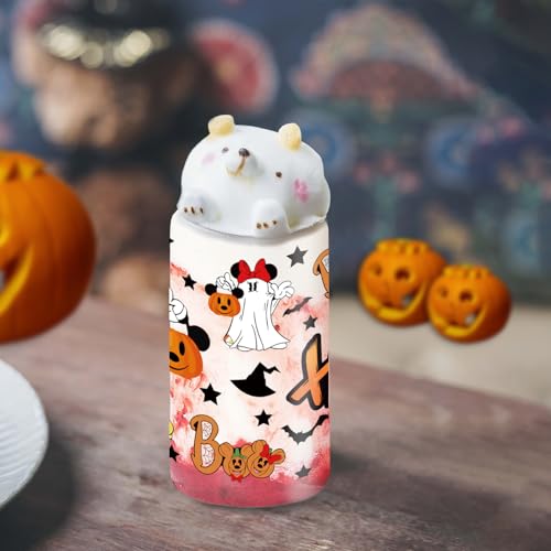 White Halloween Mouse Pumpkin Glass Cups with Lids & Straws - 16oz Set
