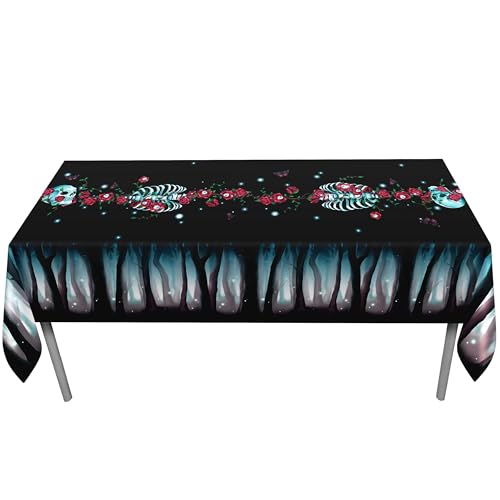 Gothic Halloween Tablecloth 9x5 ft Red & Black Rose Skeleton Fabric Cover