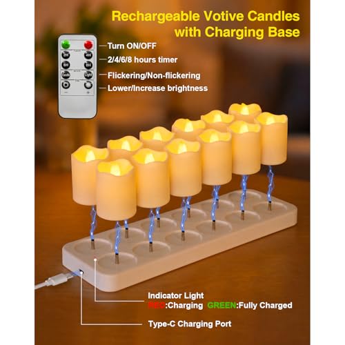 Rechargeable Flameless Votive Candles with Remote & Timer - 12 Pack