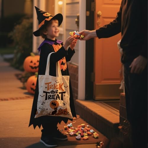 Halloween Trick Tote Bag - Reusable Canvas Ghost Candy Bag for Party & Gift