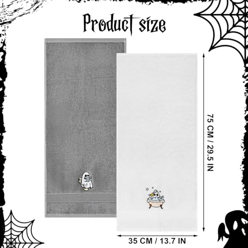 Halloween Hand Towels Set of 2 – Ghost Embroidered Cotton Bathroom and Kitchen Decor – Gray and White, Medium Variation
