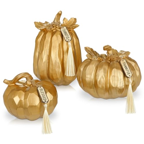Gold Fall Pumpkin Decor Set of 3 - Faux Resin Autumn Centerpieces with Rustic Stems - Variation Gold#123