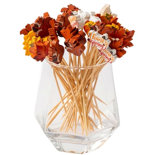 Fall Theme 125 pcs Cocktail Picks - Autumn Thanksgiving Decor, Squirrel Pumpkin Maple Leaf Skewers