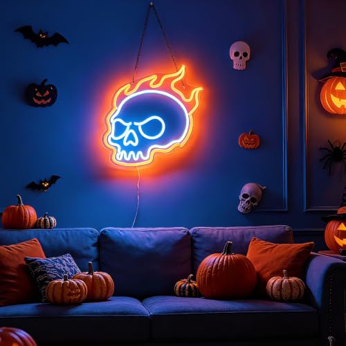 Halloween Neon Sign - Burning Skull with Flame Style B - USB Powered, Dimmable, Easy Mounting