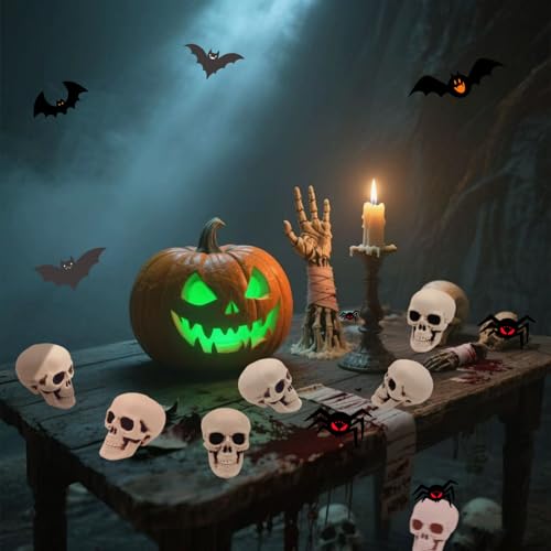 24 Mini Plastic Skull Heads for Halloween Decorations - 2.4 Inch Set of Spooky Skeletons