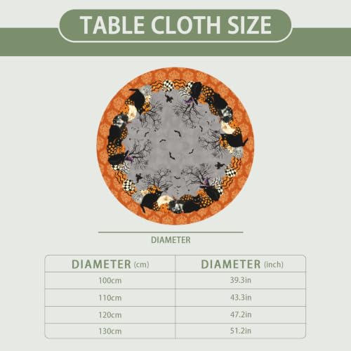 Grey Halloween Fitted Tablecloth with Black Cats Pumpkins & Bats - Waterproof 40-44 Inch Round