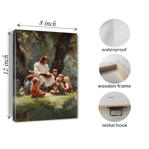 Jesus with Children Canvas Wall Art - Watercolor Religious Kids Room Decor - 12 x 8 Inches - White Frame