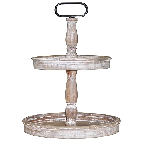 Brown 15.7-Inch Two Tier Farmhouse Wooden Serving Tray Stand - Rustic Decor