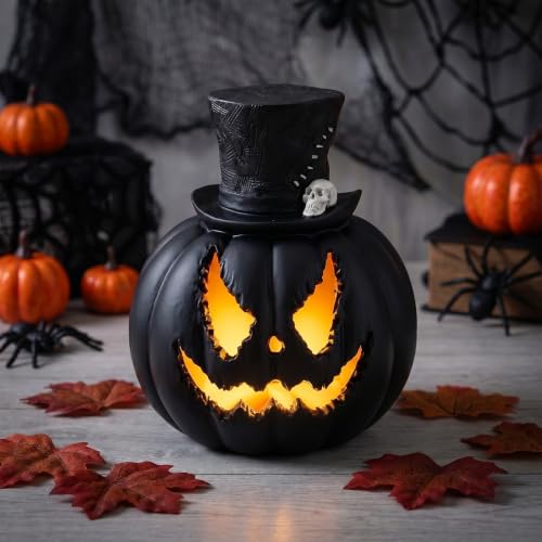 Black Light Up Halloween Fake Pumpkins - Jack-O’-Lantern Decor, 4.9 Inch