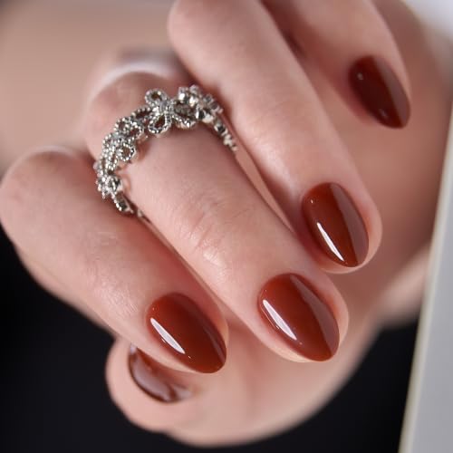 CurvLife Extra Short Almond Press-On Nails - Cocoa Glow Brown, Soft Gel, Reusable
