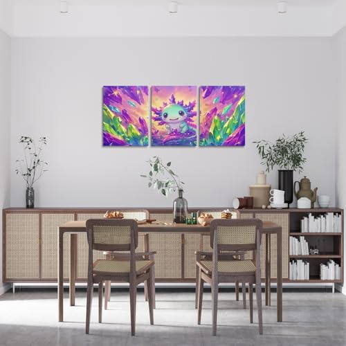 3D Axolotl Wall Art Set - Purple Green Canvas Posters for Home Decor
