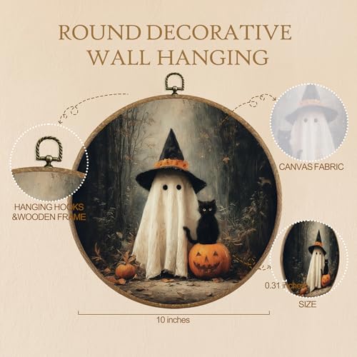 Halloween Ghost Cat Wall Art Decor - Framed Canvas Print, Rustic Halloween Home Decoration