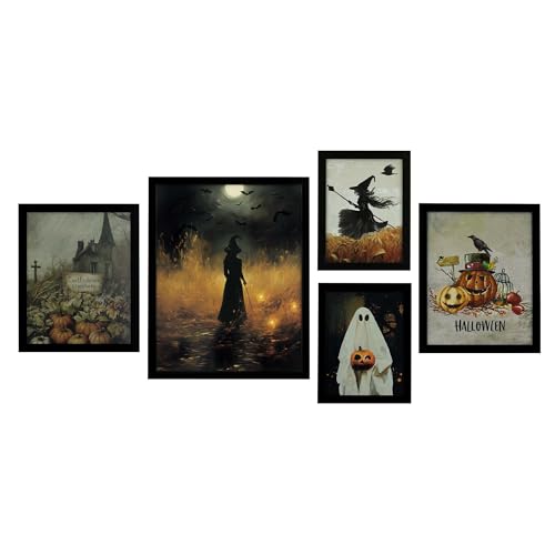Halloween Wall Art Decor Set - Framed 5 Pack with Black Frames & Custom Sizes (Black / Halloween)
