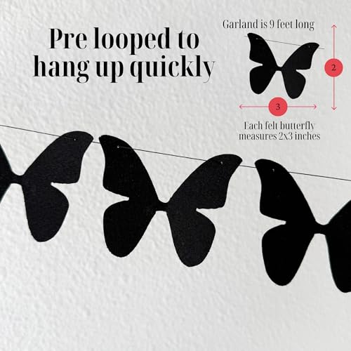 Black Butterfly Garland - Pre-Strung Felt Halloween Wall Decor, 9 Feet - Black