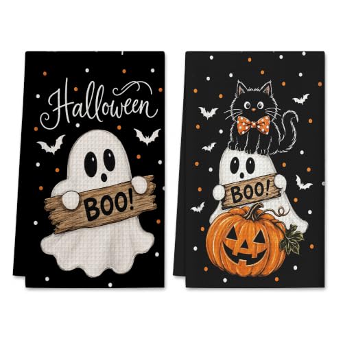 Ghost Cat Boo Kitchen Towels Set of 2 Halloween Dish Towels - Spooky Cat & Pumpkin Design