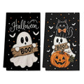 Ghost Cat Boo Kitchen Towels Set of 2 Halloween Dish Towels - Spooky Cat & Pumpkin Design