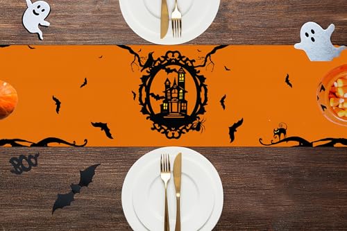 Halloween Table Runner Decor Orange Bat Pattern 13x72 Inch - Indoor Home Party