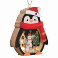Penguin Christmas Ornament with Wooden Snowman Scene - Black Variation