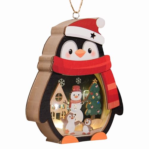 Penguin Christmas Ornament with Wooden Snowman Scene - Black Variation