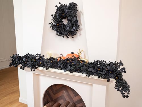 Black Halloween Garland with 10 Roses Berries & Eucalyptus Leaves - 6ft, Variation: Black