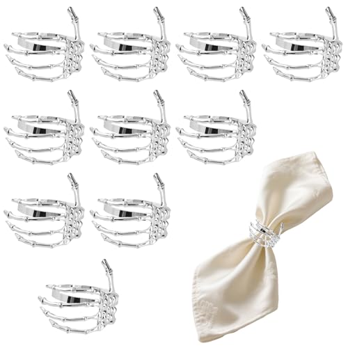 Silver Halloween Napkin Rings Set of 10 Skeleton Claw & Ghost Hand Holders