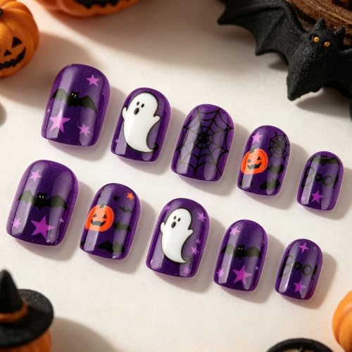 Halloween Press On Nails W10 Purple Short Square Fake Nails with Ghost Pumpkin Bat Web Design