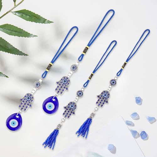 Blue Evil Eye & Hamsa Hand Car Pendant Set - Beaded Rearview Mirror Ornaments for Car & Home Decor