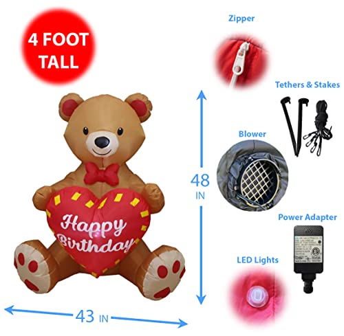 Inflatable Happy Birthday Teddy Bear - 4 Ft Tall Outdoor Party Decor with LED Lights