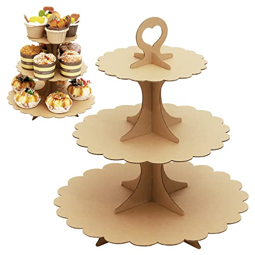 Brown 2-Pack 3-Tier Cupcake Stand Rustic Kraft Paper Decor Tower - Heart Handle Design, Easy Assembly for Weddings & Parties