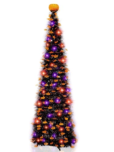 Black Tinsel Halloween Tree with Lights, Pumpkins & Timer - Indoor Decor