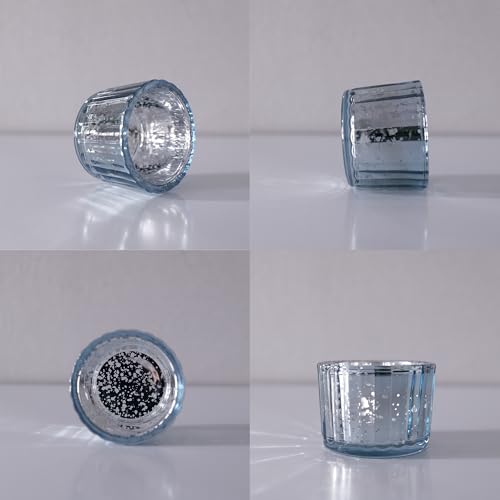 Blue Votive Candle Holders Set of 12 - Retro Embossed Glass Tea Light Decor