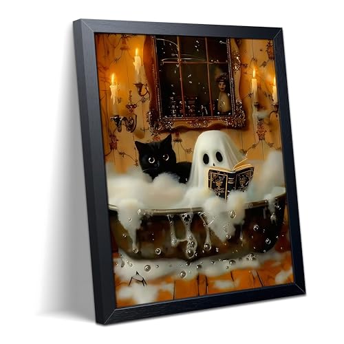 Halloween Ghost and Black Cat Wall Art - Framed 10x8 Inch Halloween Canvas Decor