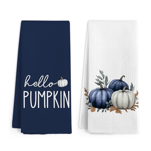 Blue Fall Pumpkin Kitchen Towels Set of 2 - Autumn Farmhouse Decor