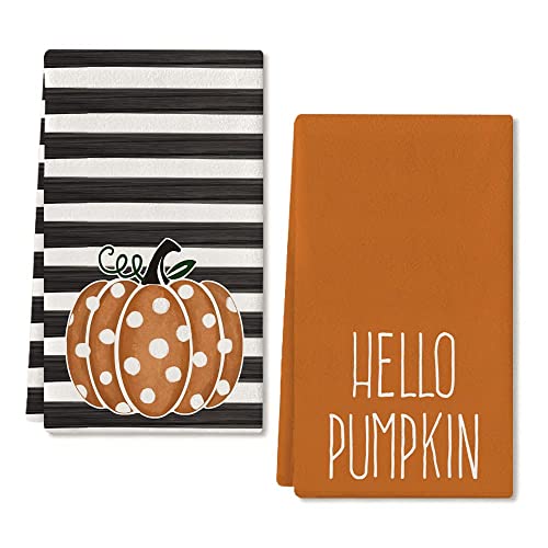 Fall Kitchen Towels Set of 2 - Orange Polka Dot Pumpkin Decor - Rustic Variation