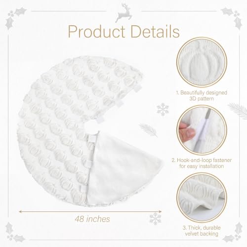 48 Inch Fall Tree Skirt Cream White Plush with 3D Pumpkins - Seasonal Decor