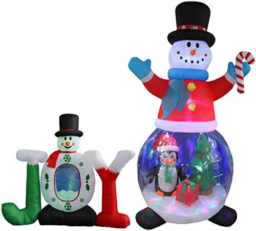 Christmas Inflatable Snow Globe Decorations Bundle - 4ft Snowman & 8ft Snowman with Penguin & Gift Box
