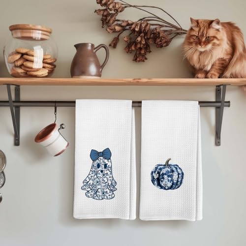 Blue Ghost Chinoiserie Fall Pumpkin Kitchen Towels Set of 2 - Halloween Decor