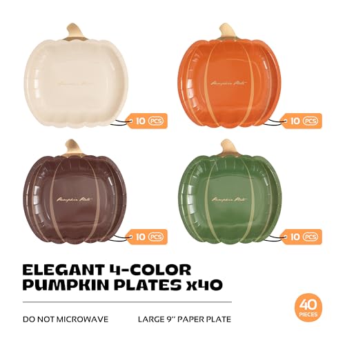 Fall Pumpkin Paper Plates 40 Pack, 9 Inch Thanksgiving Tableware, Autumn Party Decor