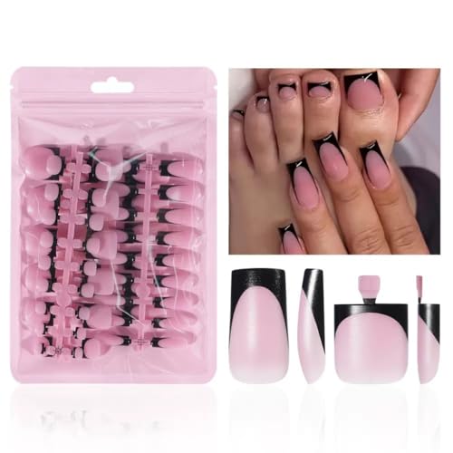 Black French Tip Press On Nails & Toenails Set - Medium Square Fake Nails for Women